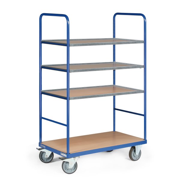 Etagenwagen TAUROFLEX Basic, 4 Ladefl&auml;chen, 3 davon mit Bordkante, einh&auml;nbar, Gesamth&ouml;he 1760 mm, TPE-Bereifung