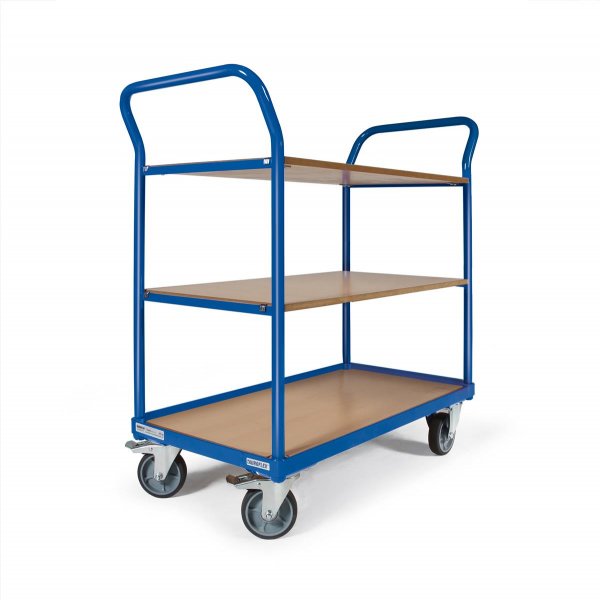 Etagenwagen TAUROFLEX Basic, 3 Ladefl&auml;chen, Untere mit Bordkante, Traglast 250 kg, TPE-Bereifung