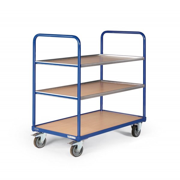 Etagenwagen TAUROFLEX Basic, 3 Ladefl&auml;chen mit Bordkante, einh&auml;ngbar, Traglast 250 kg, TPE-Bereifung