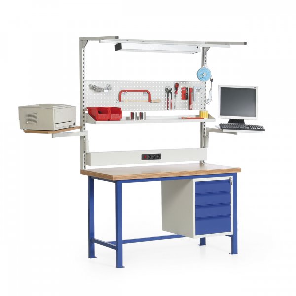 Standard-Werkbank 1500x700 mm mit Multiwand-Aufbau unbest&uuml;ckt und 1 Einbauschrank, Multiplexholz 40 mm, RAL 5010